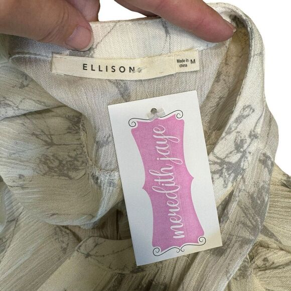 Ellison Dress Gray White Garden Print M Tunic Feminine Romantic Sheer Flouncy - Picture 9 of 14